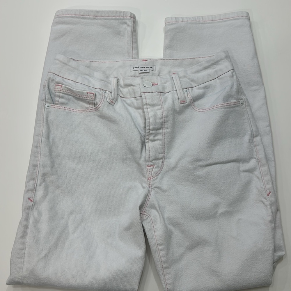 Good American Good Legs White w pink stitching Straight Jean Sz 6/28 Item# 3T - Picture 9 of 10